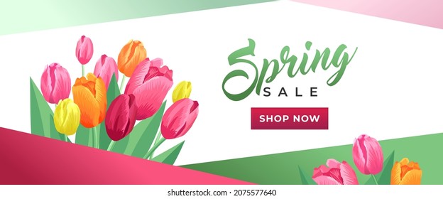 Spring sale banner. Bouquet of red, pink and yellow tulips on a white background. An advertising, selling concept. Promotion offer poster with flowers.