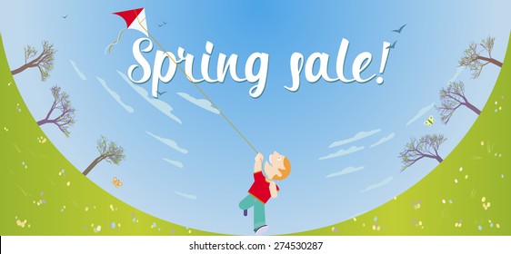 Spring sale banner with boy and kite