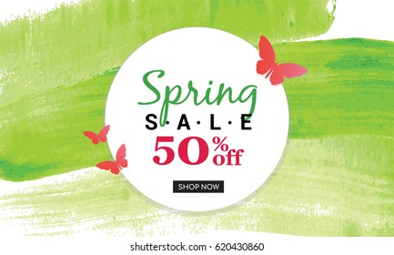 Spring sale Banner with butterflies and green watercolor brush stroke. Spring sale Vector illustration.