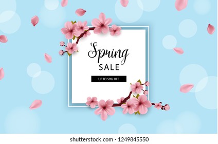 Spring sale banner. Cherry blossom flowers. Vector