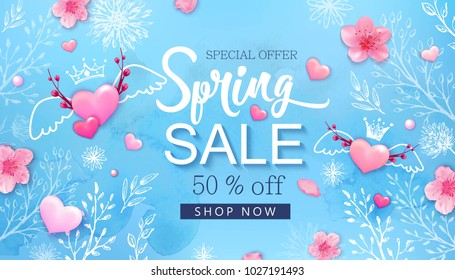 Spring sale banner with cherry blossoms, sakura, flowers, blue sky, hand drawn floral design elements, pink heart.