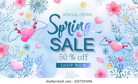 Spring sale banner with cherry blossoms, sakura, flowers, blue sky, hand drawn floral design elements, pink heart.