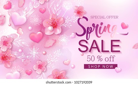 Spring sale banner with cherry blossoms, sakura, flowers, watercolor wash, hand drawn floral design elements, pink heart.