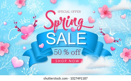 Spring sale banner with cherry blossoms, sakura, flowers, blue sky, hand drawn floral design elements, pink heart, ribbon.