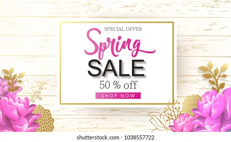 Spring sale banner with cherry blossoms, sakura, flowers, hand drawn floral design elements. Wooden background.