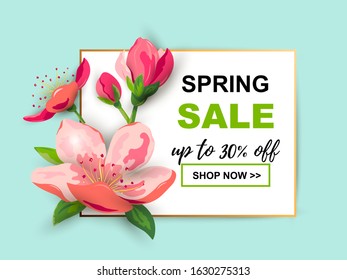 Spring sale banner with cherry, sakura blossom. Place for text. Template for poster, web, invitation, flyer, Mother's and Women's day.