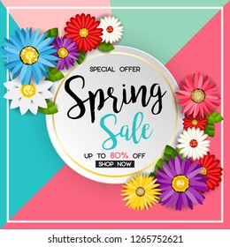 spring sale banner with colorful flower with blue pink and green background. vector design for your greetings card, flyers, web banner, invitation, posters, brochure, banners, calendar, spring sale.