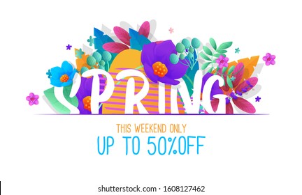 Spring sale banner with colorful flower and leaf