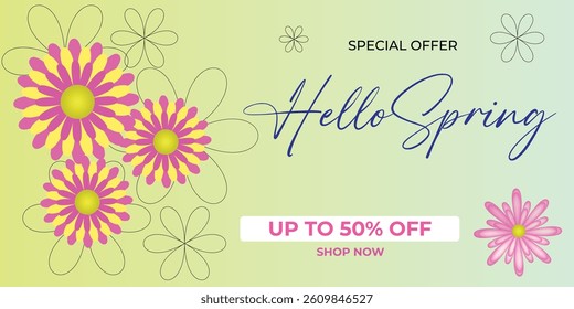 Spring sale banner with colorful flower. Spring sale background. Special offer vector background for web banners, discount, Vector illustration.