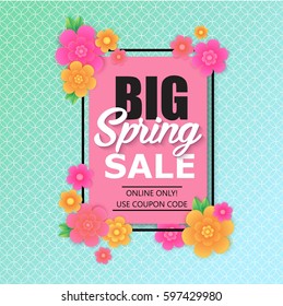 Spring sale banner with colorful flower. Vector universal background, flyer, invitation or card template with place for text.  