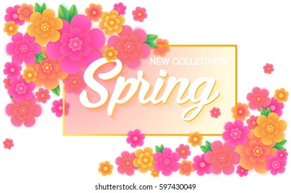 Spring sale banner with colorful flower. Vector universal background, flyer, invitation or card template with place for text.  