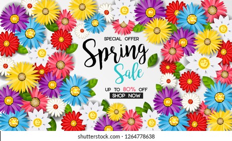 spring sale banner with colorful flowers. vector design for your greetings card, flyers, web banner, invitation, posters, brochure, banners, calendar, spring sale.