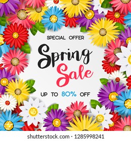 spring sale banner with colorful flowers background. vector design for your greetings card, flyers, web banner, invitation, posters, brochure, banners, calendar, spring sale.