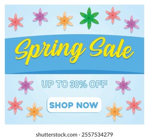 Spring sale banner with colorful flowers promoting discounts. Encourage viewers to shop now for seasonal savings. Flat vector modern illustration 