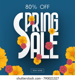 Spring Sale Banner with colorful flowers and blue background. Vector Design for your greetings card, flyers,  web banner , invitation, posters, brochure, banners, calendar, spring sale.
