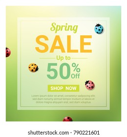 Spring sale banner with colorful ladybugs , vector , illustration