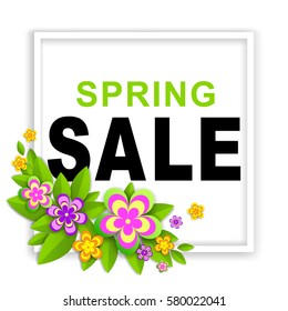 Spring sale banner with colorful paper flowers application. Vector illustration.