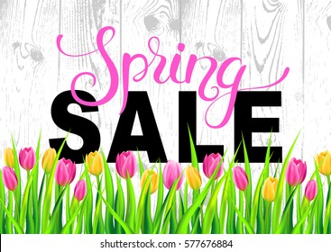 Spring Sale banner with colorfull tulips on wood texture background. Vector illustration.