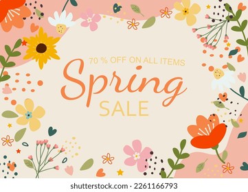 Spring sale. Banner with spring composition. Multicolored banner with spring discounts. Vector