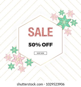 Spring sale banner, cover placard with pink and green flowers, gold glitter texture. Place for your text. Template for online shopping, designs, poster, invitation, party, birthday, wedding
