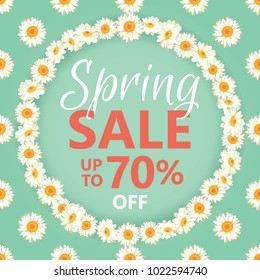 Spring sale banner with daisy chain and text up to 70 percent off on vintage green background. Vector illustration. For promotions, magazines, advertising, web sites, social media and mobile apps