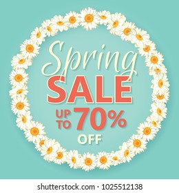Spring sale banner with daisy chain and text up to 70 percent off on vintage blue background. Vector illustration. For promotions, magazines, advertising, web sites, social media and mobile apps