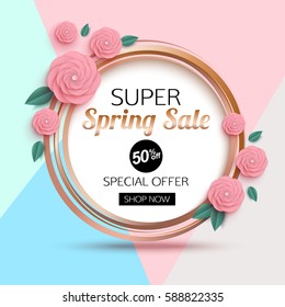 Spring sale banner with delicate pink flowers. Vector illustration
