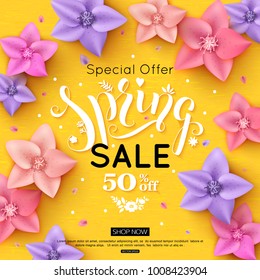 Spring Sale Banner Design with colorful flowers and falling petals on yellow background. Vecto rillustration