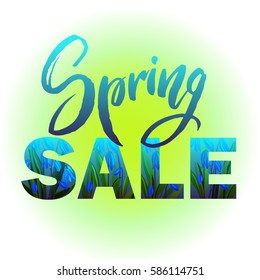 Spring sale banner. Design with Colorful Flowers and Leaves in Background for Spring Seasonal Promotion. Spring hand drawn lettering. Vector illustration stock vector.