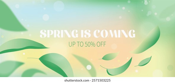 Spring Sale Banner Design with Floating Leaves and Gradient Background