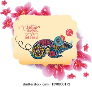 Spring sale banner design with sakura blossom. Chinese new year 2020 (hieroglyph Rat)