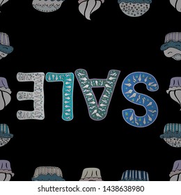Spring sale banner design, special offer for online shopping.Illustration in black, blue and neutral colors. Vector. Seamless. Lettering.