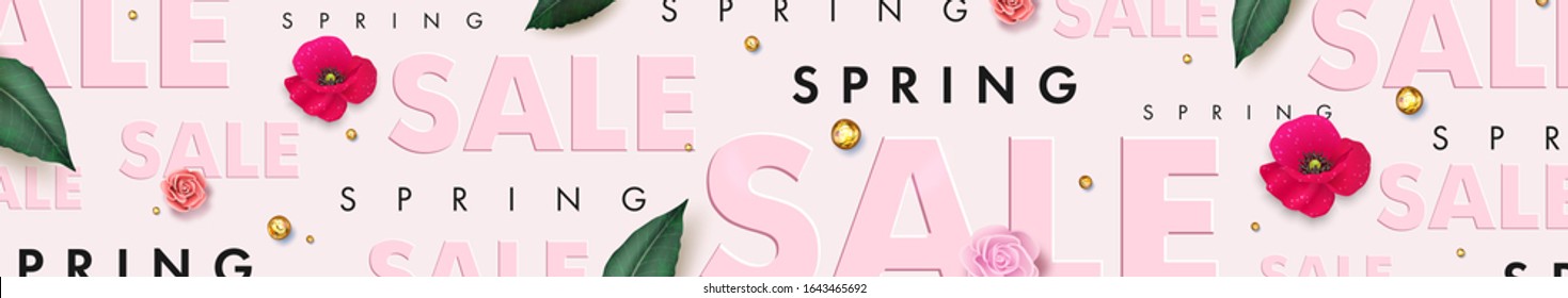 Spring sale banner design template. Vector illustration with pink roses and red poppy flowers