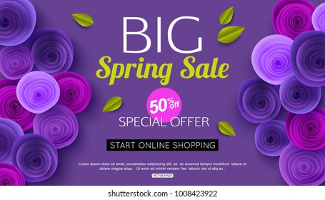 Spring Sale Banner design with ultra violet paper rose flowers. Vector illustration