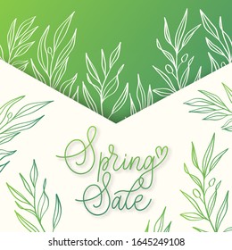 Spring sale banner  with envelope, branches and leaves.