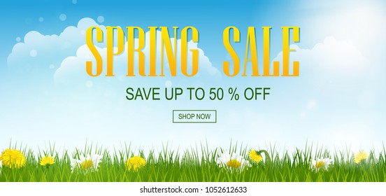 Spring sale banner with field. Spring flowers with grass