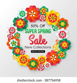 Spring Sale Banner. Flower Colorful Paper Frame. Vector Illustration.