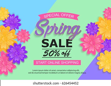 Spring sale banner with flower. Vector background, voucher, brochure template. Universal season spring illustration with place for text.