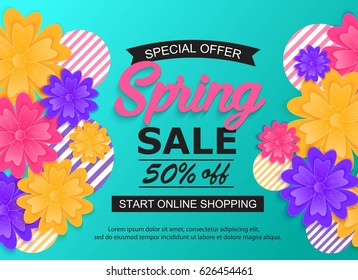 Spring sale banner with flower. Vector background, voucher, brochure template. Universal season spring illustration with place for text.