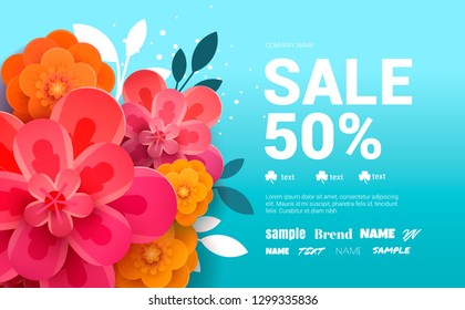 Spring Sale Banner with flowers amd leaves.