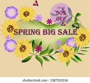 spring sale banner.  flowers and insects