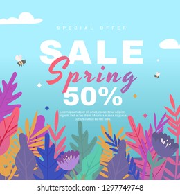 Spring sale banner with flowers on blue background