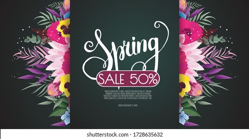 Spring sale banner with flowers on a green background. Banner for promotions, magazines, advertising, web sites.