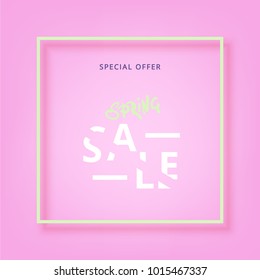 Spring Sale banner with frame. Template for advertising.  Sliced text style. Element for graphic design - poster, flyer, brochure, card. Vector illustration.