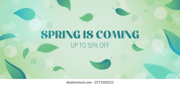 Spring sale banner with fresh green leaves and light bokeh. Elegant vector template for social media, advertising, promotion, flyer, or card.