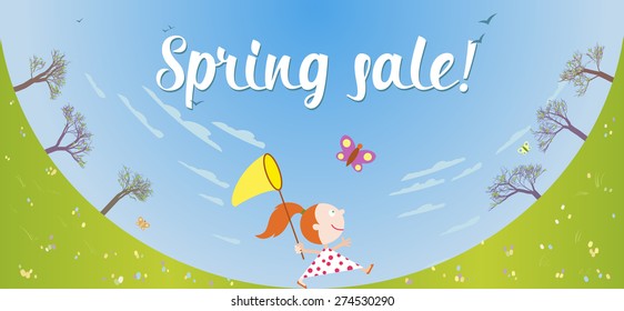 Spring sale banner with girl and butterfly net