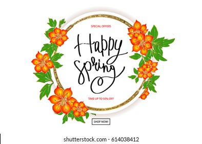 Spring. Sale. Banner in a gold frame with flowers. Vector illustration