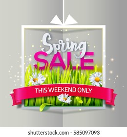 Spring sale banner with green grass and flowers in frame with red ribbon on paper background. Business banner with season offer. Vector illustration for spring sales, banners. Origami