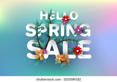 Spring Sale Banner with green leaf and colorful background. Vector Design for your greetings card, flyers,  web banner , invitation, posters, brochure, banners, calendar, spring sale.