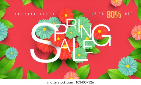 Spring Sale Banner with green leaf and colorful background. Vector Design for your greetings card, flyers,  web banner , invitation, posters, brochure, banners, calendar, spring sale.